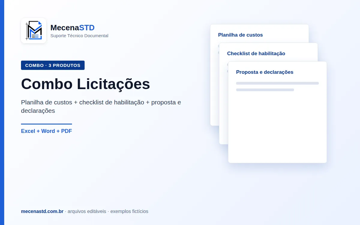 Combo Licitações: Planilha de Custos, Checklist de Habilitação e Proposta e Declarações