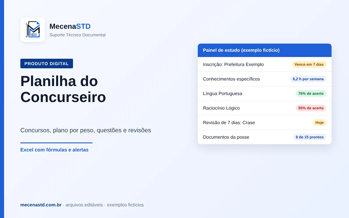 Planilha do Concurseiro: concursos, plano por peso, questões e revisões