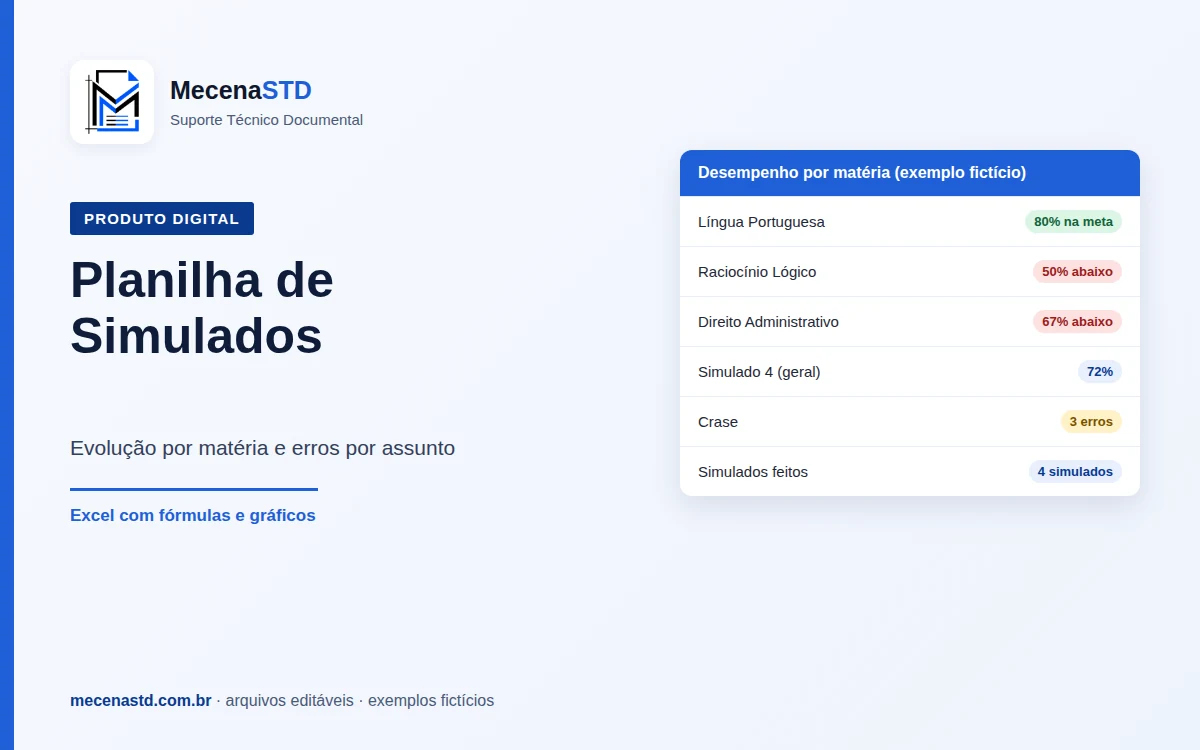 Planilha de Simulados e Desempenho por Matéria (Excel)